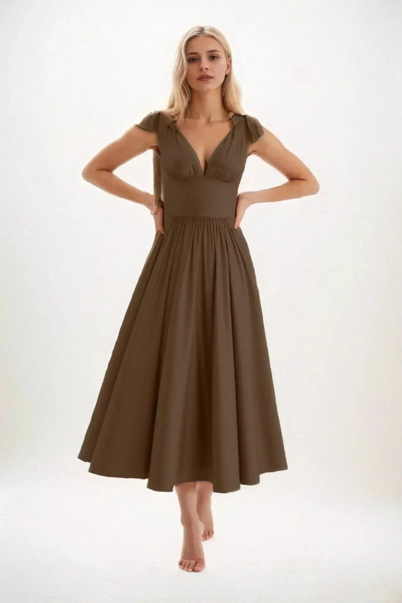 A-Line Midi Luxe Satin Dress CB0832CS - Bitter Chocolate - COCOMELODY